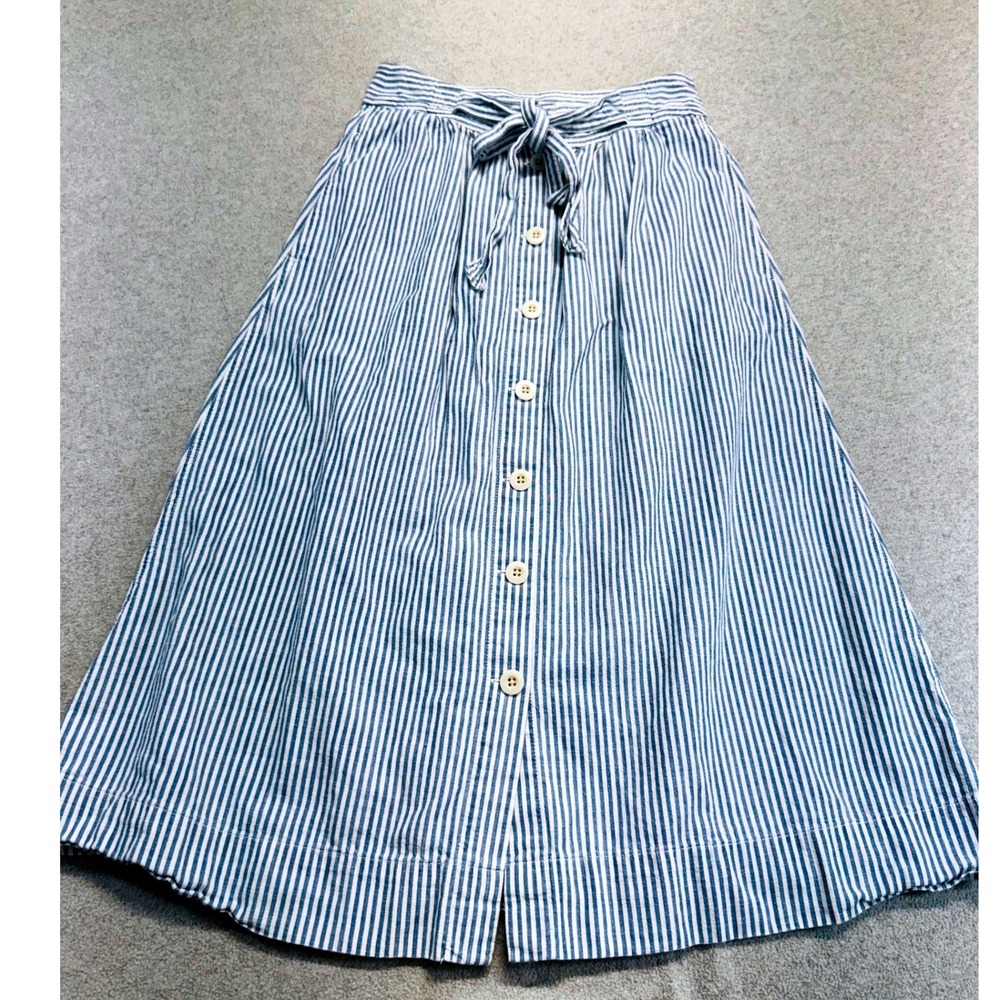 Madewell Womens 00 Blue White Stripe Button Front Tie Waist Midi A-Line Skirt